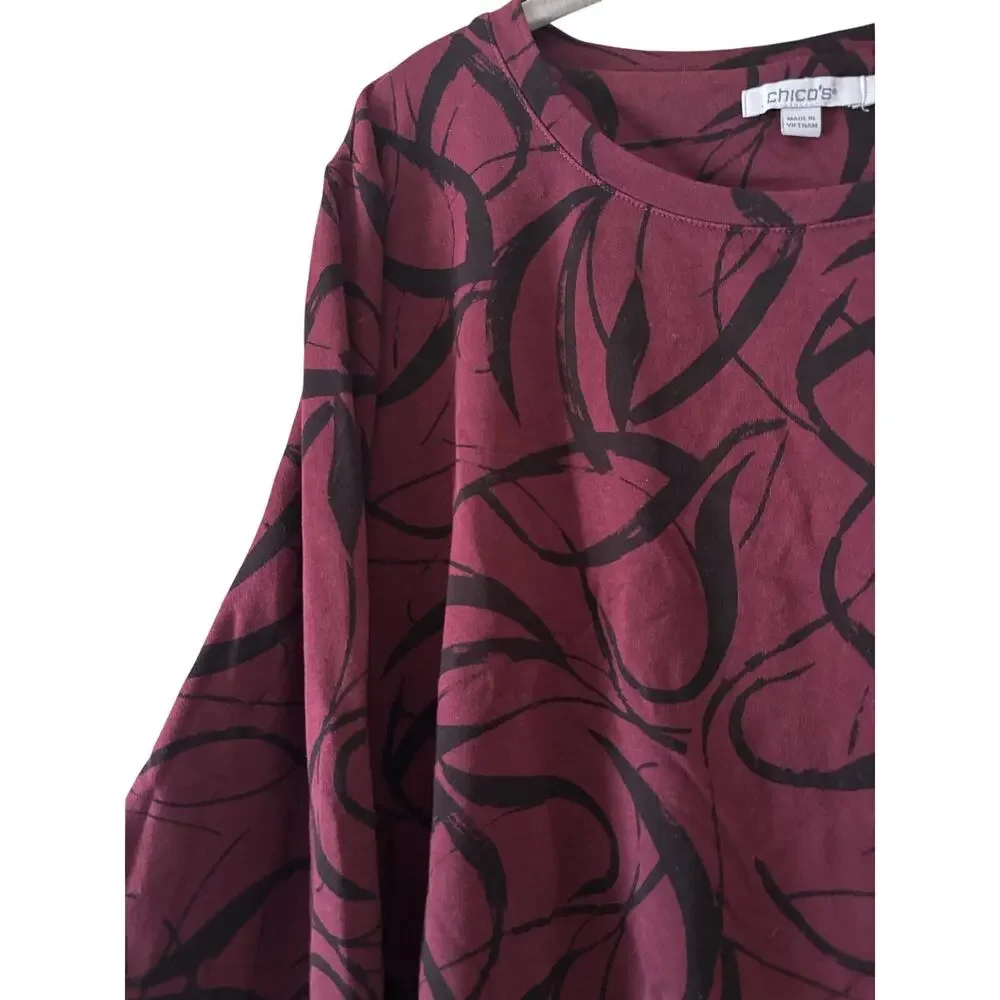 Chico’s Size 3 XL Burgundy Black Abstract Print Long Sleeve Knit Top Stretch - Picture 6 of 10